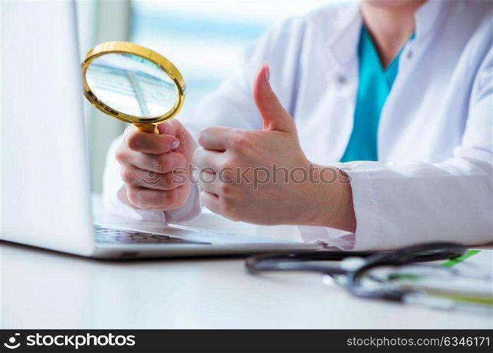 Doctor hand with magnifying glass. The doctor hand with magnifying glass