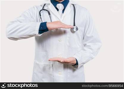 Doctor hands presenting something empty handed. Doctor holding something in his hands isolated, Unrecognizable doctor holding empty hands isolated