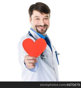 Doctor hold paper heart. Male doctor hold red paper heart isolated on white background, cardio therapeutist concept