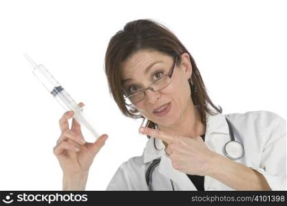 doctor holding a big syringe and getting ready for injection