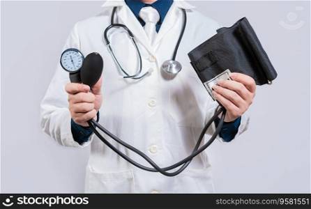 Doctor holding blood pressure monitor isolated. Doctor hands holding manual sphygmomanometer isolated