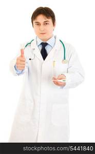 Doctor holding medical thermometer in hand and showing thumbs up gesture isolated on white&#xA;