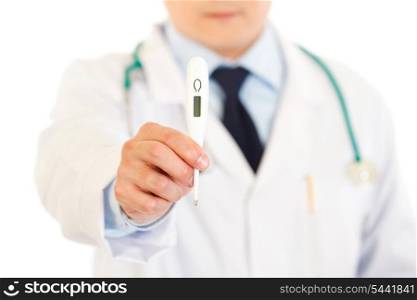 Doctor holding medical thermometer isolated on white. Close-up.&#xA;