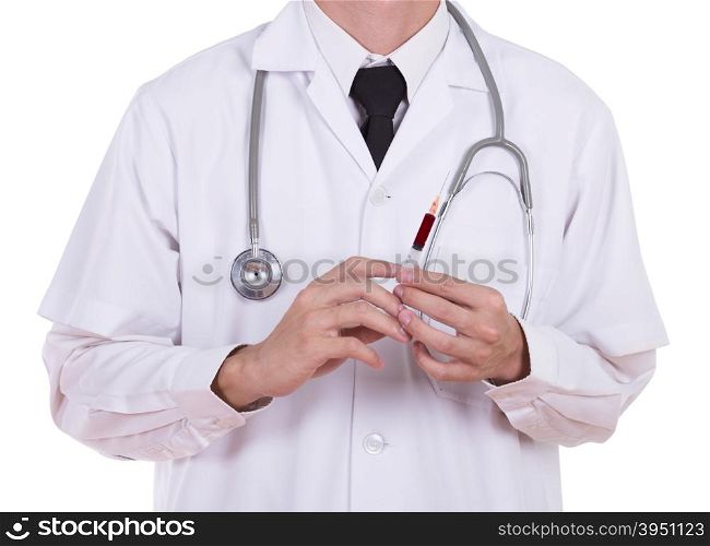 doctor holding syringe with blood isolated on white background