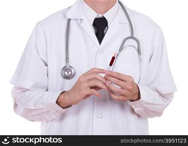 doctor holding syringe with blood isolated on white background