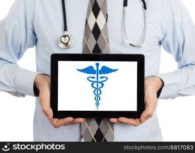 Doctor holding tablet, isolated on white - Caduceus symbol