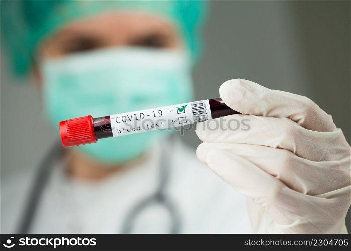Doctor holding test tube with Coronavirus patient blood s&le,NEGATIVE Covid-19 test results,global pandemic crisis, deadly corona virus disease hematology WHO testing procedure illustration concept