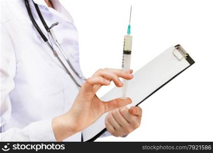 doctor holds syringe and clipboard isolated on white background
