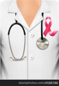 Doctor in a coat with a breast cancer awareness ribbon. Vector.