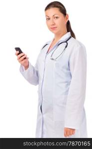 doctor in a medical lab coat with a phone in his hand