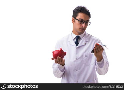 Doctor in blood donation concept isolated on white