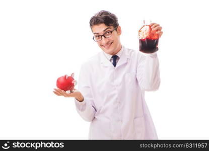 Doctor in blood donation concept isolated on white. The doctor in blood donation concept isolated on white