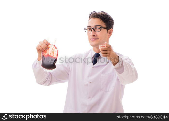 Doctor in blood donation concept isolated on white