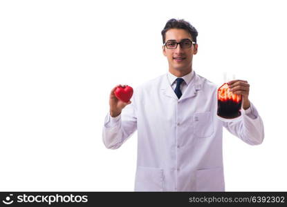 Doctor in blood donation concept isolated on white