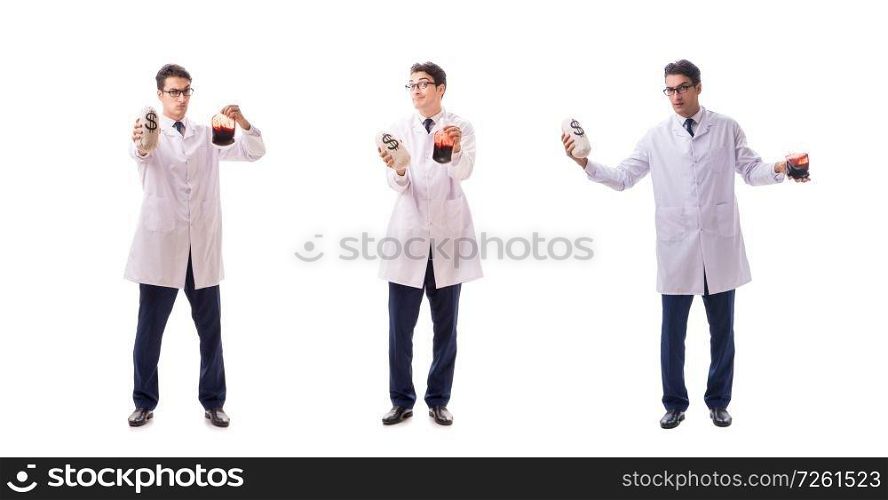 Doctor in blood donation concept isolated on white