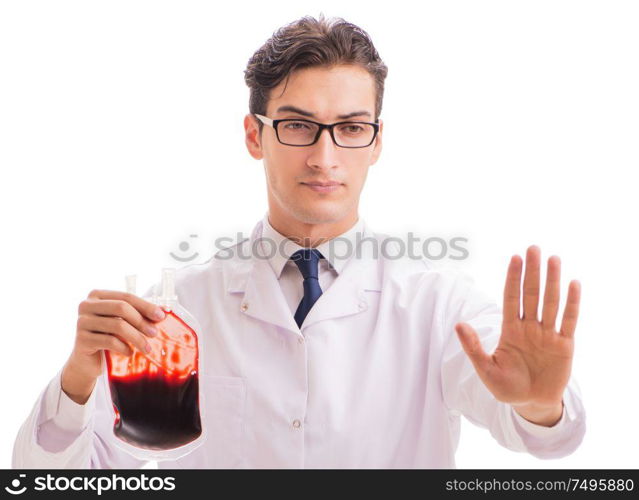 Doctor in blood donation concept isolated on white. The doctor in blood donation concept isolated on white