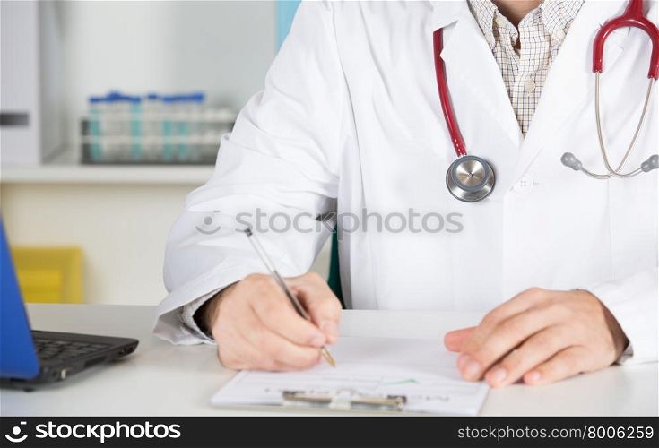 Doctor in consultation ill patient taking notes