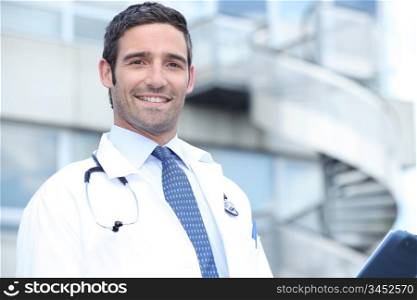doctor in front of stairs