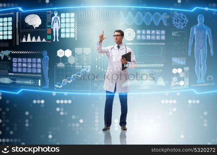 Doctor in futuristic medical concept pressing button