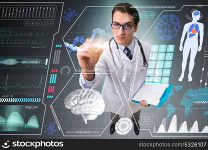 Doctor in futuristic medical concept pressing button