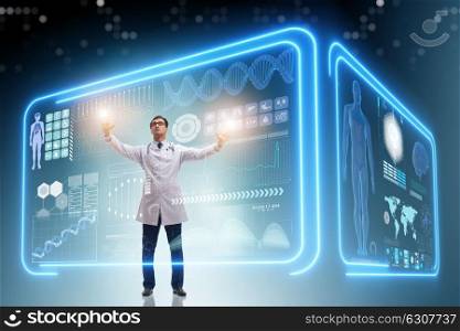 Doctor in futuristic medical concept pressing button