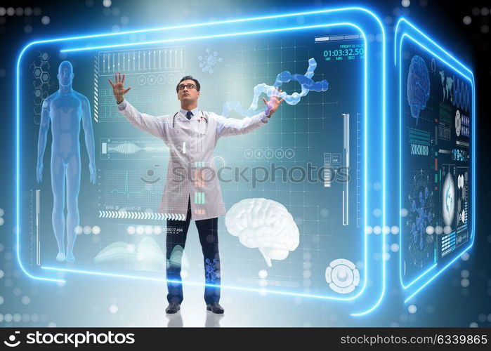 Doctor in futuristic medical concept pressing button