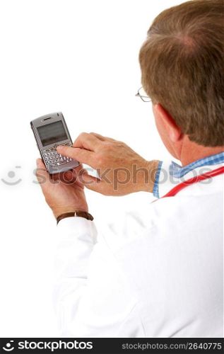 Doctor in lab coat holding a cell phone and text messaging
