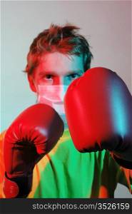 Doctor in red boxing gloves fighting against influenza, A(H1N1)