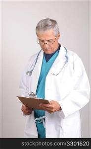 Doctor in Scrubs and Lab Coat with clipboard