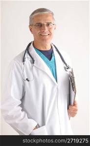 Doctor in Scrubs and Labcoat with Stethoscope closeup