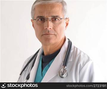 Doctor in Scrubs and Labcoat with Stethoscope closeup
