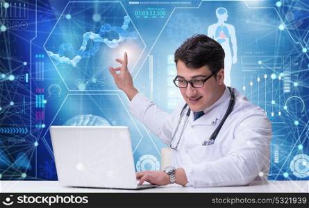 Doctor in telemedicine concept pressing button