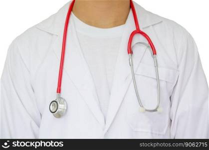 doctor in white coat and red stethoscope hang on his neck in center