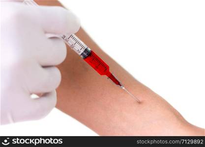 Doctor Injecting Patient With Syringe To Collect Blood On White Background