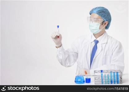 Doctor is holding infected covid-19 blood test on white Background