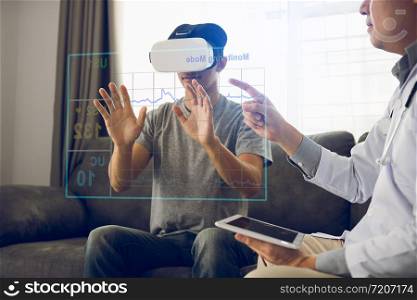 Doctor is using the tablet to send the data to the virtual reality glasses showing the health diagnosis as the patient is wearing and analyzing together at home.