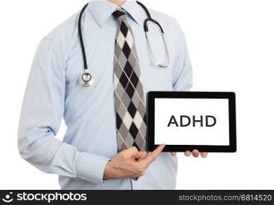 Doctor, isolated on white backgroun, holding digital tablet - ADHD