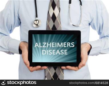 Doctor, isolated on white backgroun, holding digital tablet - Alzheimers disease