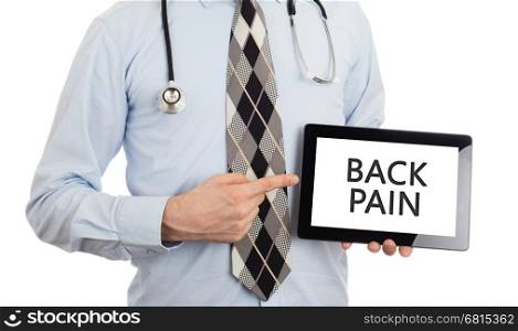 Doctor, isolated on white backgroun, holding digital tablet - Back pain