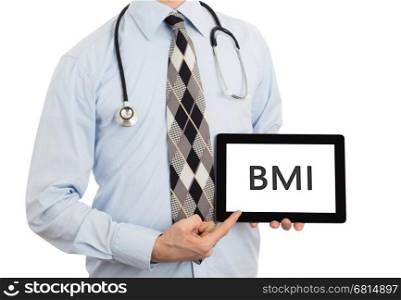 Doctor, isolated on white backgroun, holding digital tablet - BMI