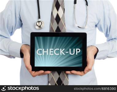 Doctor, isolated on white backgroun, holding digital tablet - Check-up