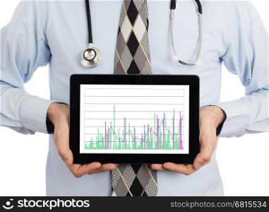Doctor, isolated on white backgroun, holding digital tablet - Graph
