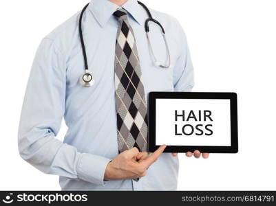 Doctor, isolated on white backgroun, holding digital tablet - Hair loss