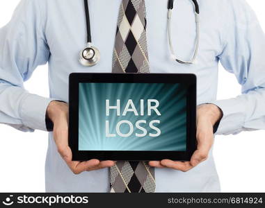 Doctor, isolated on white backgroun, holding digital tablet - Hair loss