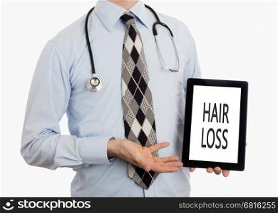 Doctor, isolated on white backgroun, holding digital tablet - Hair loss