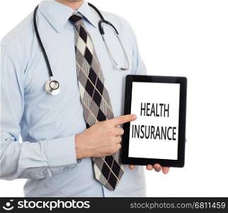 Doctor, isolated on white backgroun, holding digital tablet - Health insurance