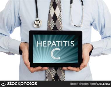 Doctor, isolated on white backgroun, holding digital tablet - Hepatitis C