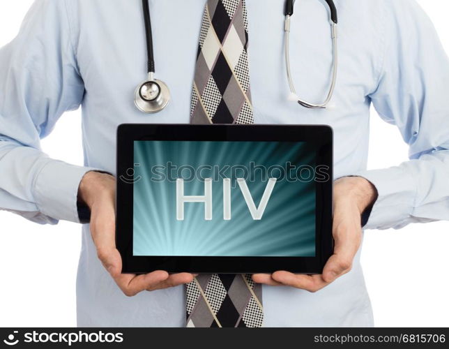 Doctor, isolated on white backgroun, holding digital tablet - HIV