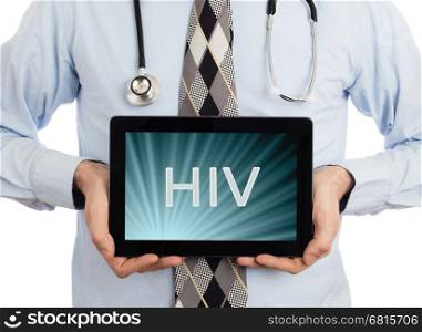 Doctor, isolated on white backgroun, holding digital tablet - HIV