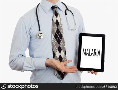 Doctor, isolated on white backgroun, holding digital tablet - Malaria
